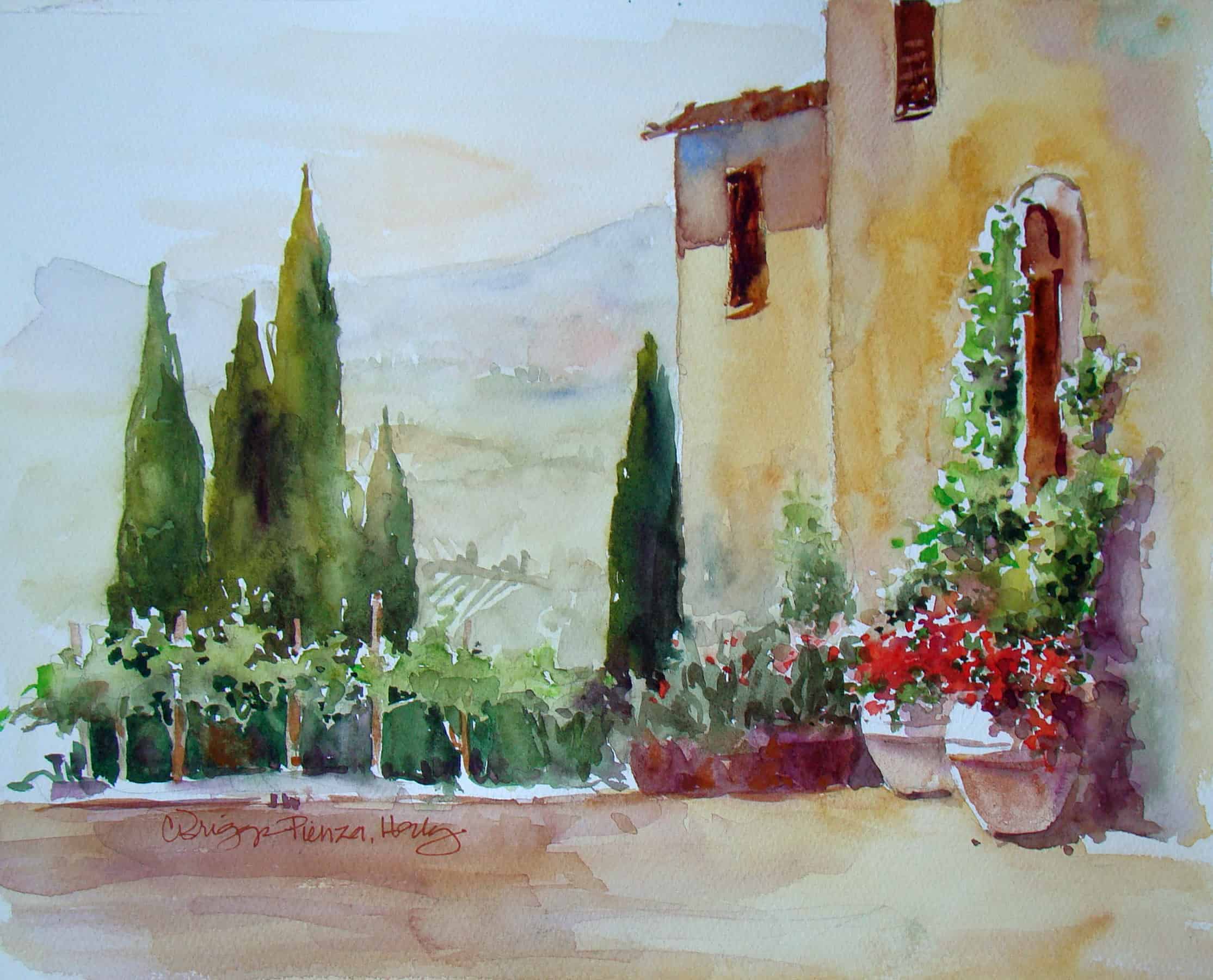 CBriggs Pienza Toscana Terrazza Plein Air Tuscany, Italy - Plein Air Workshop Cindy Briggs Art Watercolor Painting