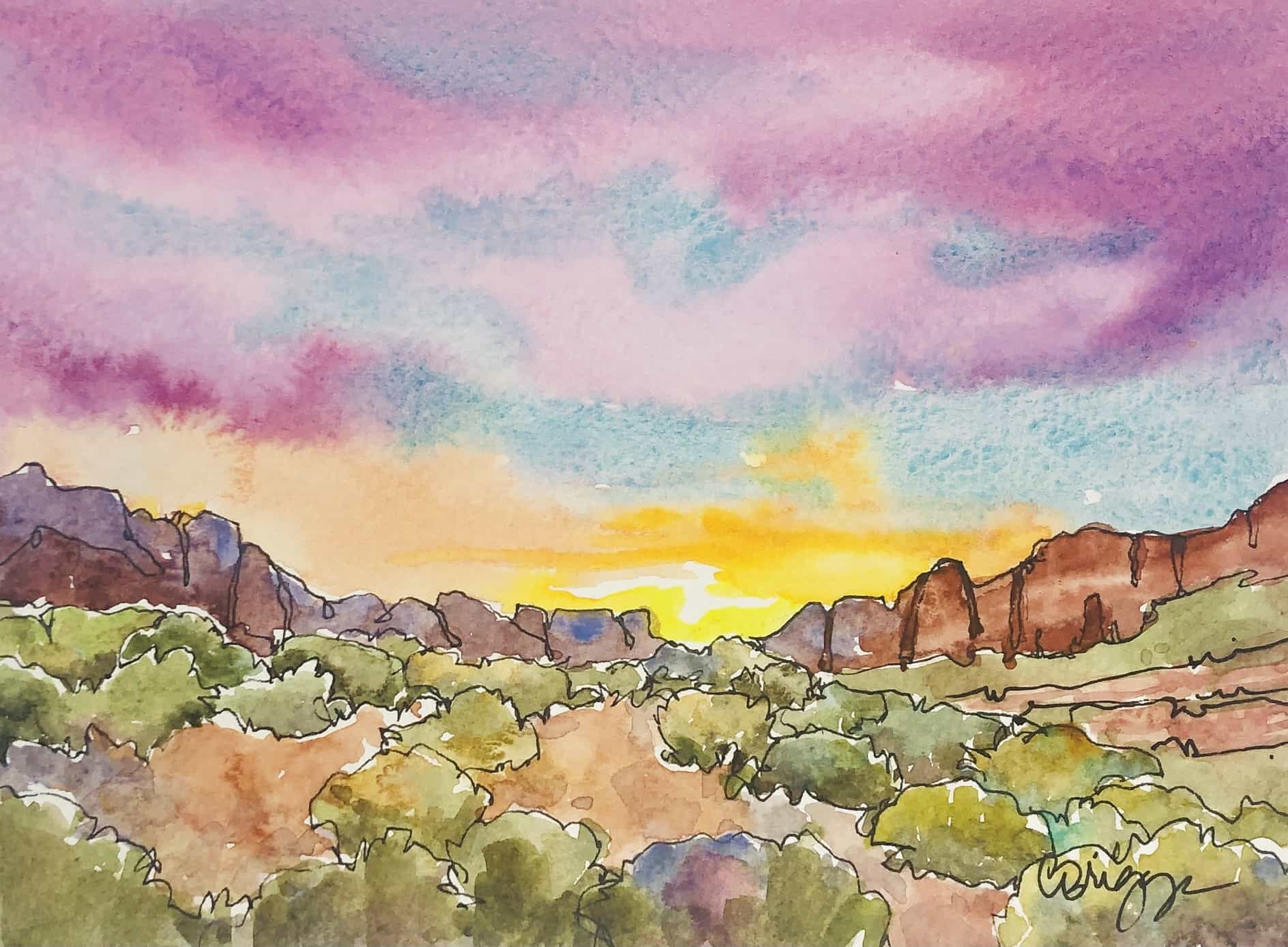 Plein air watercolor palette for painting colorful skies St George Sunset Red Mountains 1 Blog Cindy Briggs Art Watercolor Painting