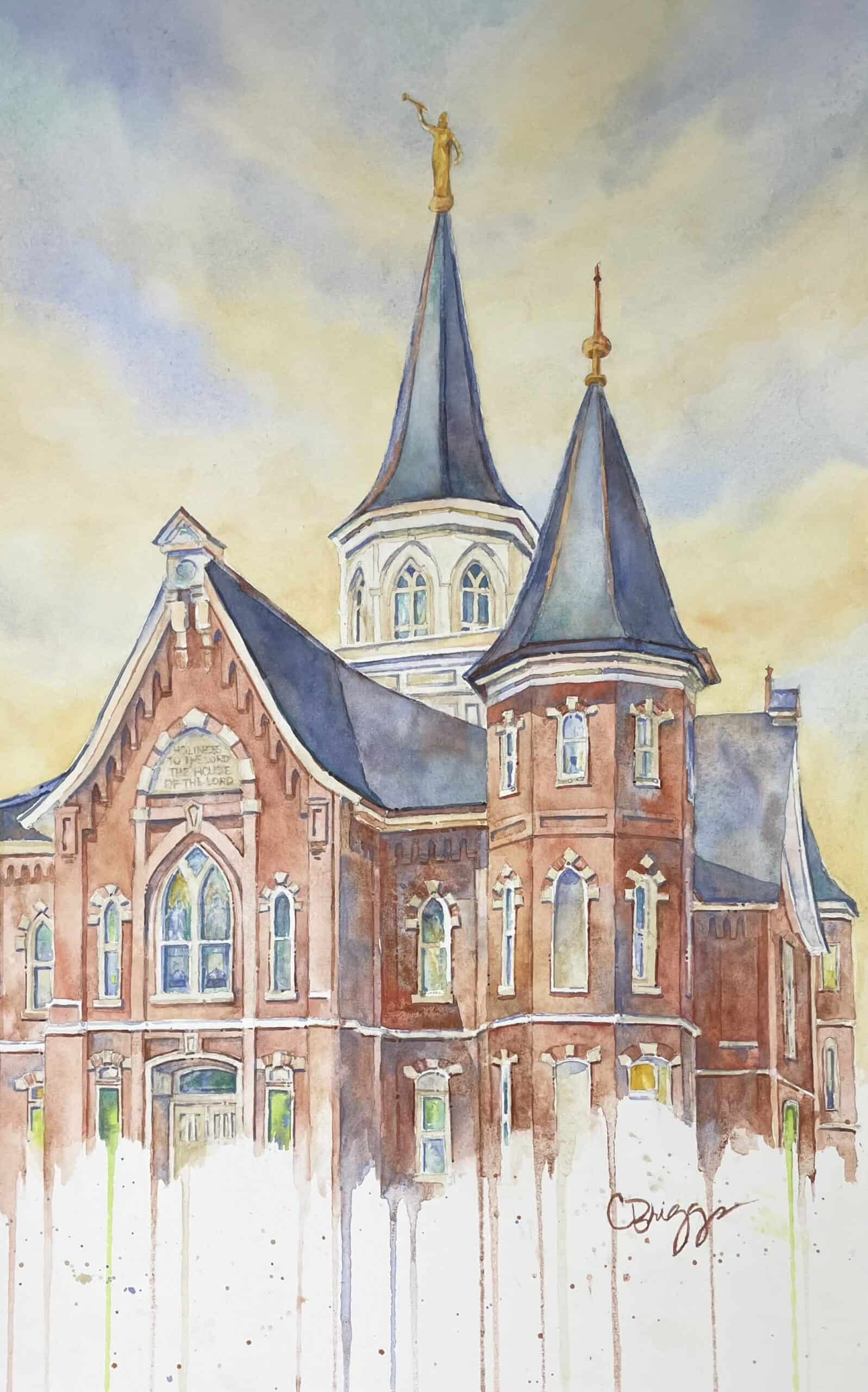 Watercolor painting of Provo City Center Temple titled 'Eternal Promises' showcasing the architectural beauty of Provo City Center Temple in vibrant colors