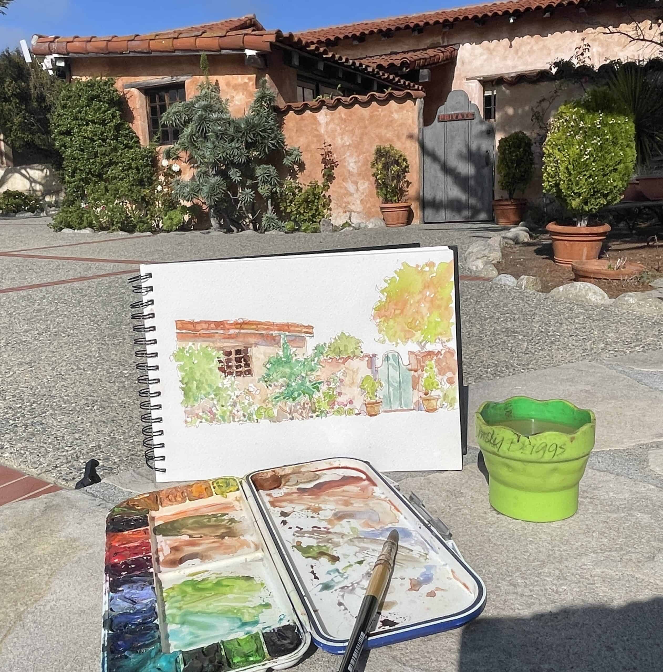 Quick Sketch at Carmel Mission 1 scaled 1 Blog Cindy Briggs Art Watercolor Painting