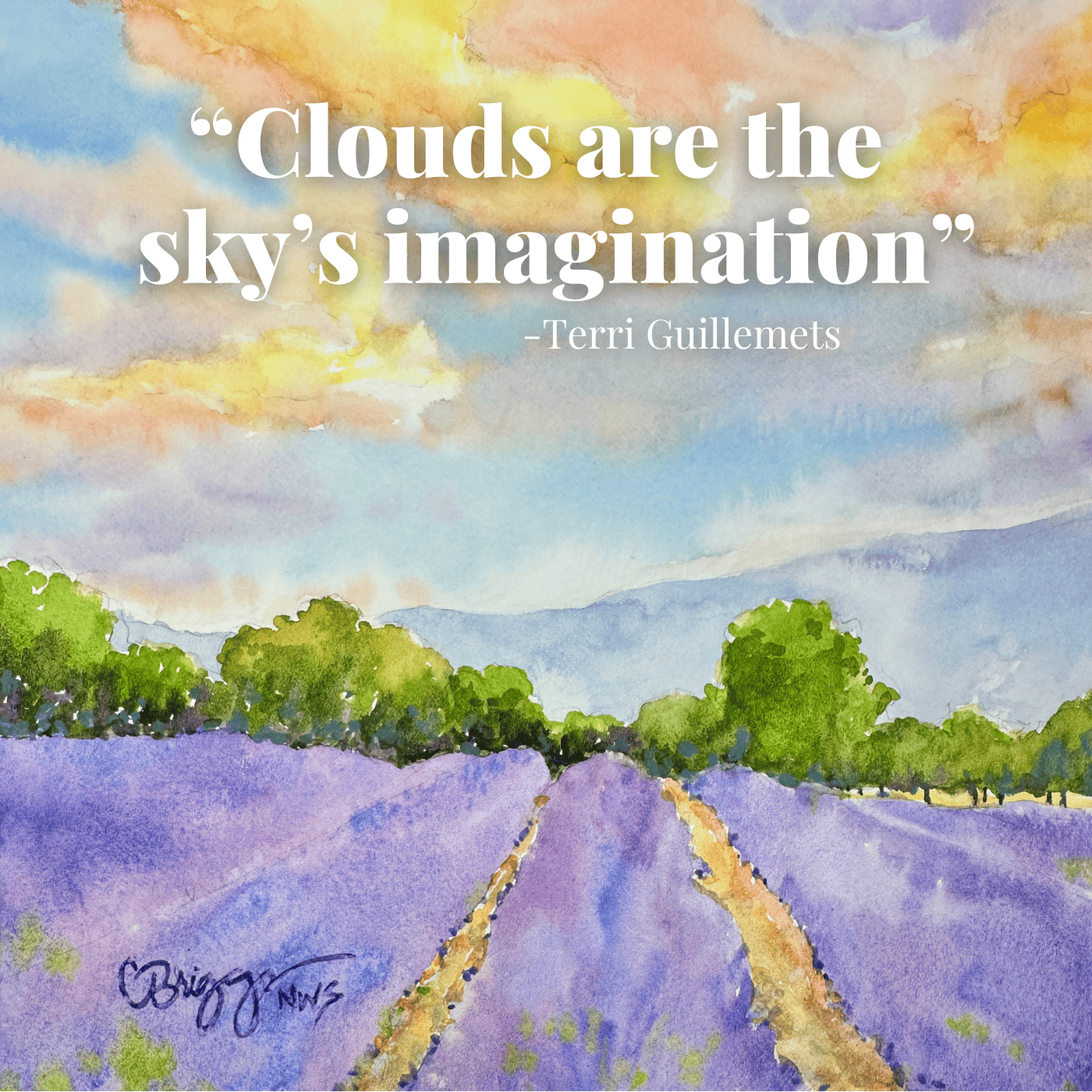 Watercolor painting of a cloudy sky with brushes and palette