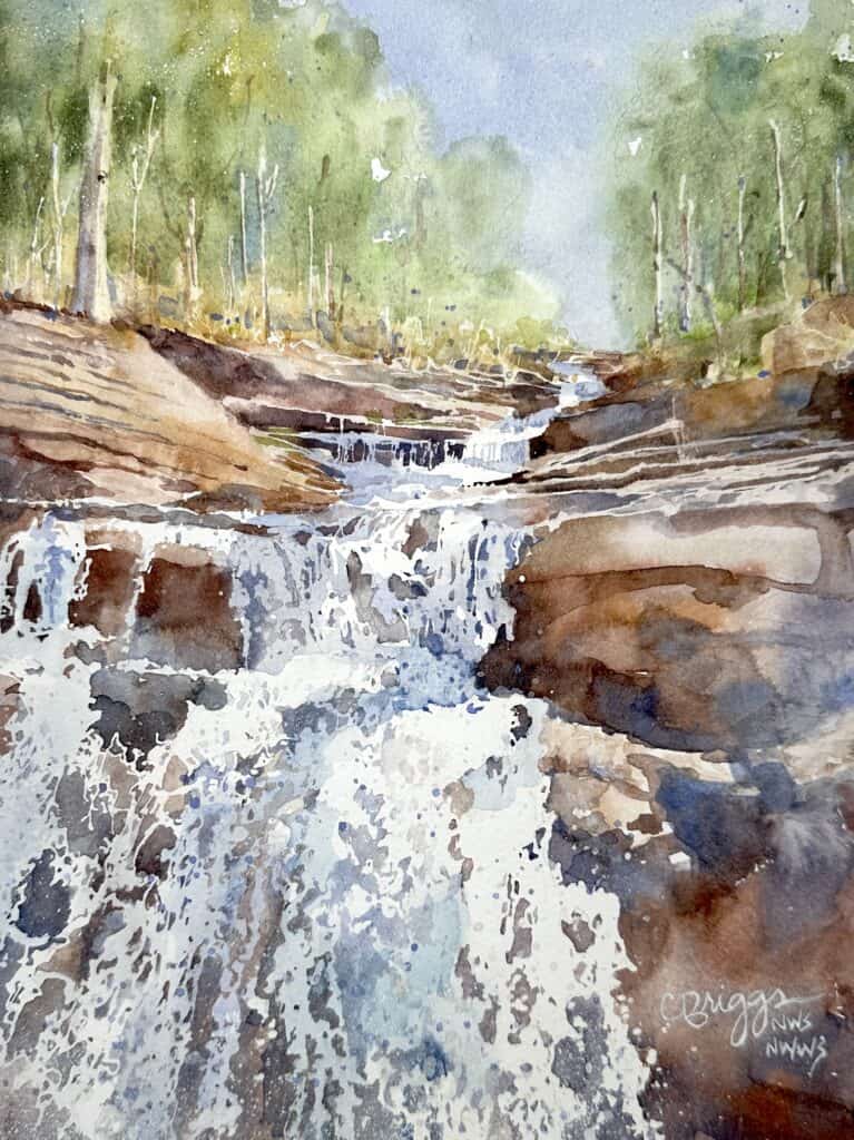 Waterfall in forest watercolor landscape inspiration