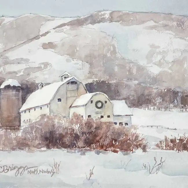 McPollin Barn Park City Winter Cindy Briggs Art Watercolor Painting McPollin-Barn-Park-City-Winter-8-x-10.webp