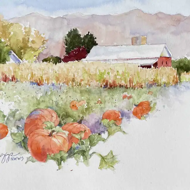 Collections Cindy Briggs Art Watercolor Painting Dibble-Barn-Pumpkin-Field-Utah-8-x-10-scaled-1.webp