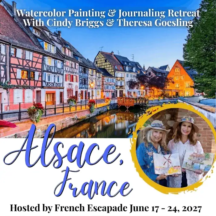 Colorful Alsace village with watercolor painting workshop event details.