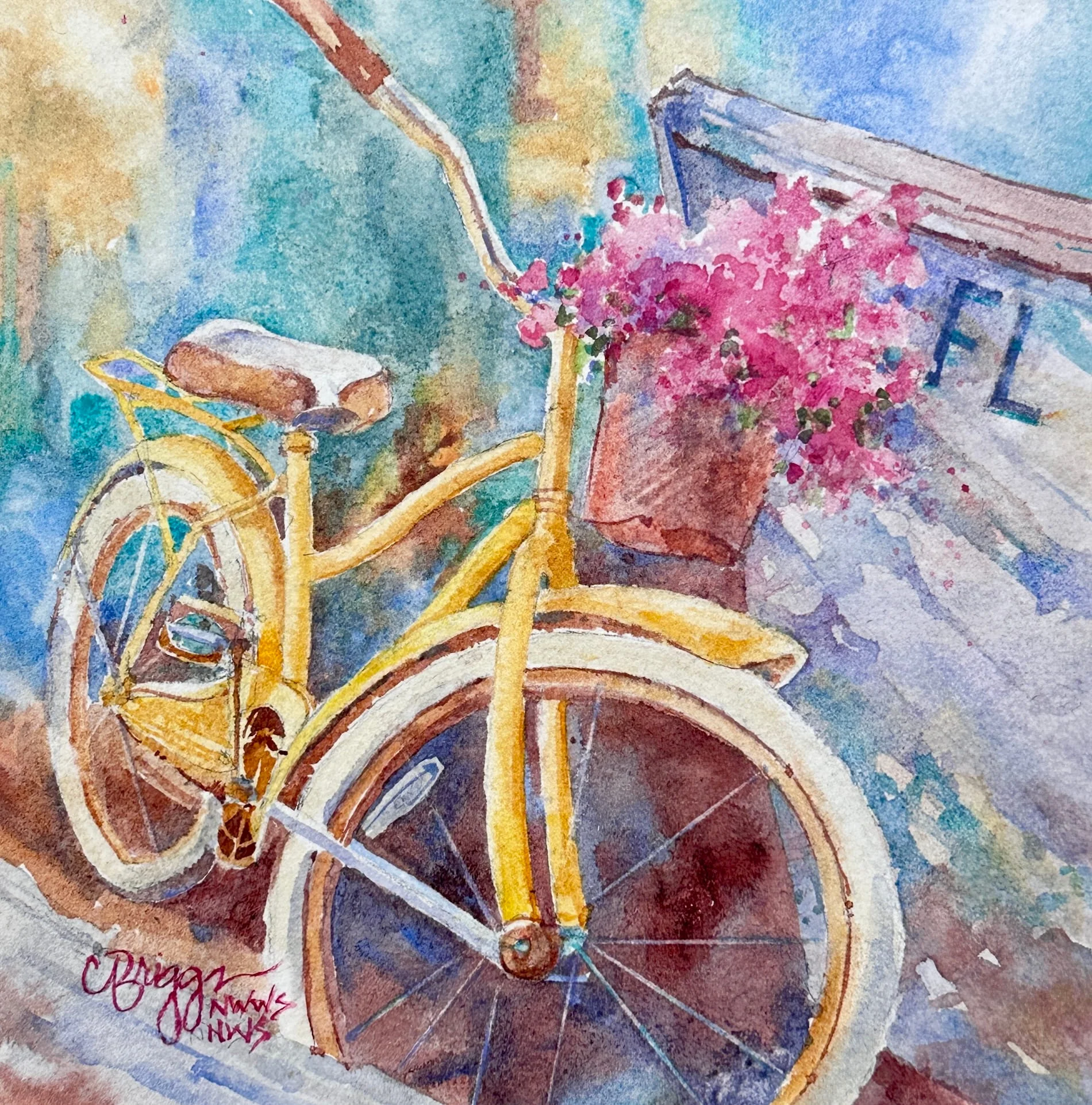 7 Apalachicola Cycle 8 x 8 SOLD Still Life Cindy Briggs Art Watercolor Painting