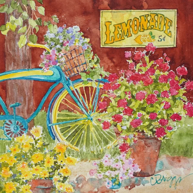 Bicycle Lemonade Watercolor 550 wMat 8x8 Collections Cindy Briggs Art Watercolor Painting