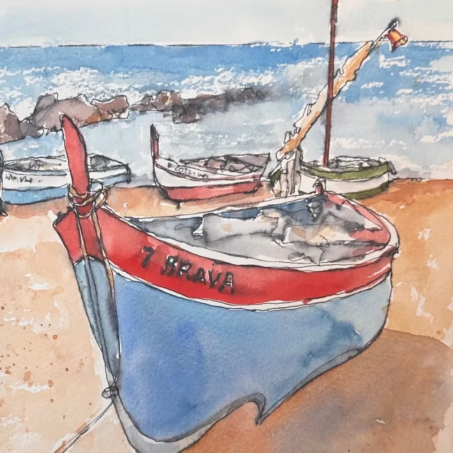 Boats in Spain Non Permanent Pen Quick Sketch Journal 7 x 10 Collections Cindy Briggs Art Watercolor Painting