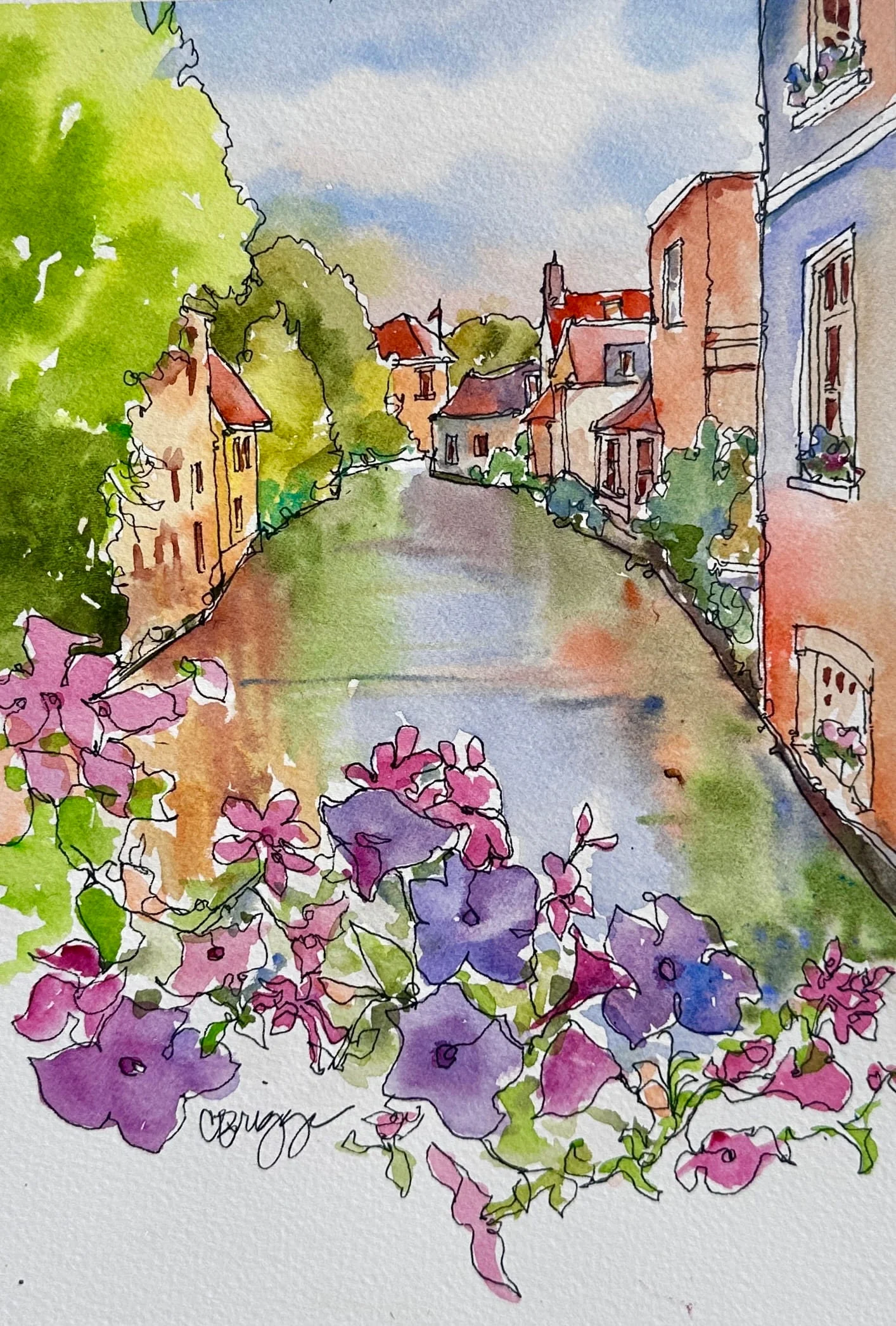 Brugges Canal Watercolor Quick Sketch 10 x 7 Journal Quick Sketch Cindy Briggs Art Watercolor Painting