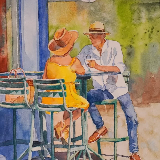 Cafe Conversations Honfleur 8 x 6 Watercolor 350 copy Collections Cindy Briggs Art Watercolor Painting