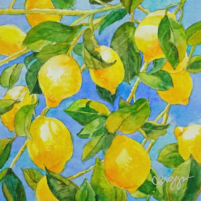 California Lemons Lemonade Lists Cover Art Watercolor 8 x 8 750 with Mat Collections Cindy Briggs Art Watercolor Painting