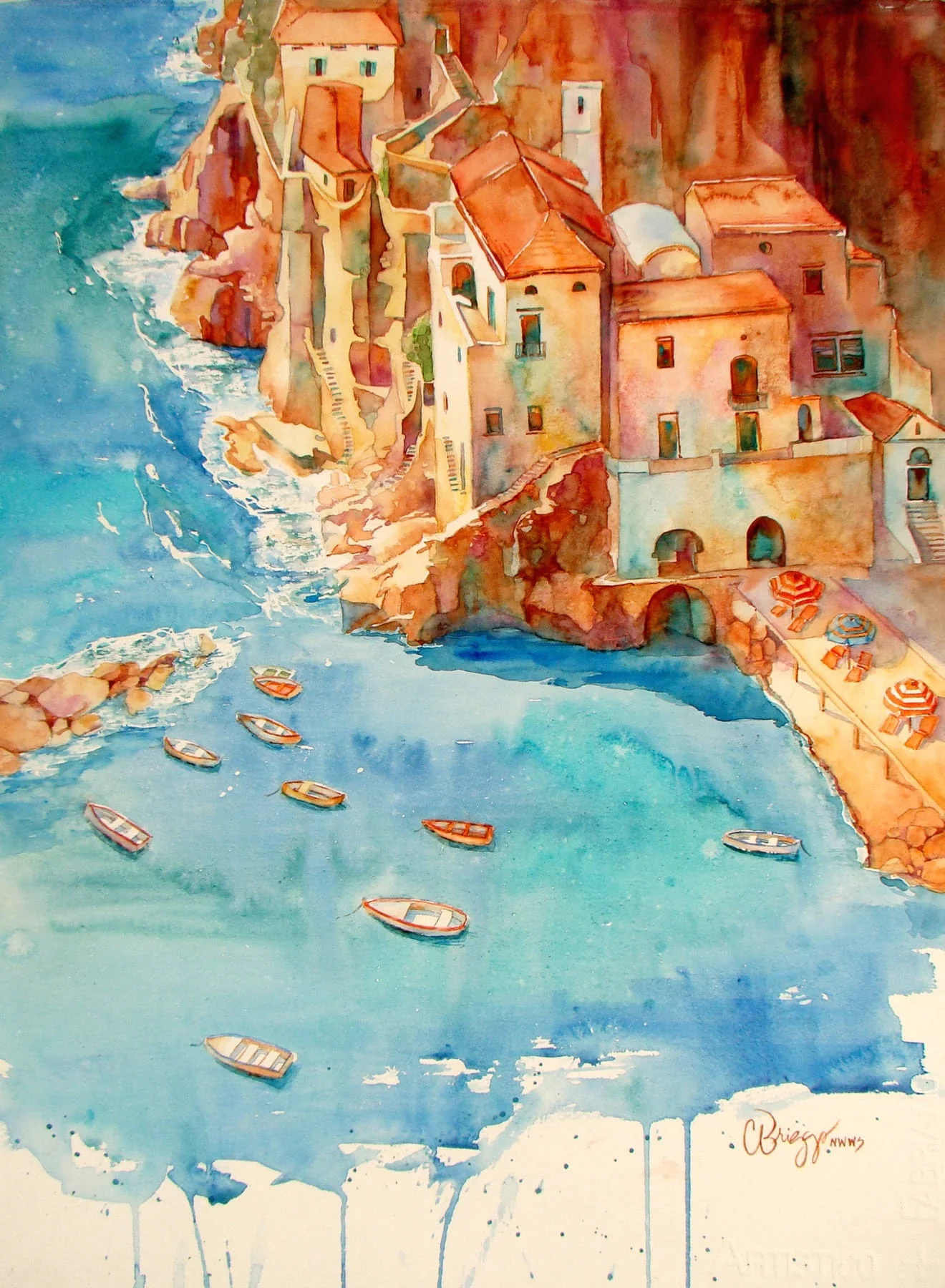 Conca dei Marini AMALFI COAST Watercolor 29 x 24 copy Waterscapes Cindy Briggs Art Watercolor Painting