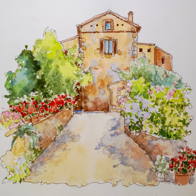 French Cottage Quick Sketch ink watercolor 8 x 8 Journal Collections Cindy Briggs Art Watercolor Painting