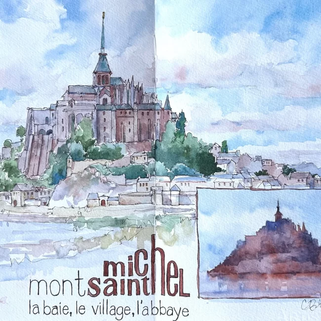 Mont Saint Michel Ink Watercolor 10 x 14 Journal copy Collections Cindy Briggs Art Watercolor Painting
