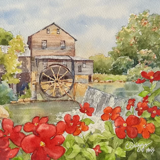 Old Mill Painting 8 x 8 Watercolor 650 w Mat. copy Collections Cindy Briggs Art Watercolor Painting