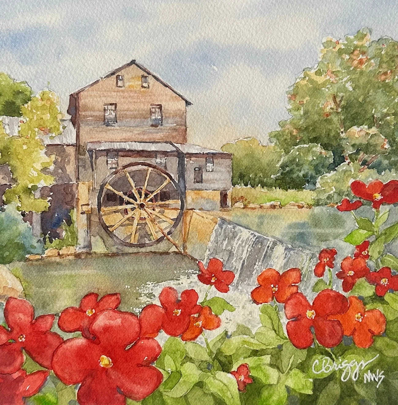 Old Mill Painting 8 x 8 Watercolor 650 w Mat. copy North America Cindy Briggs Art Watercolor Painting
