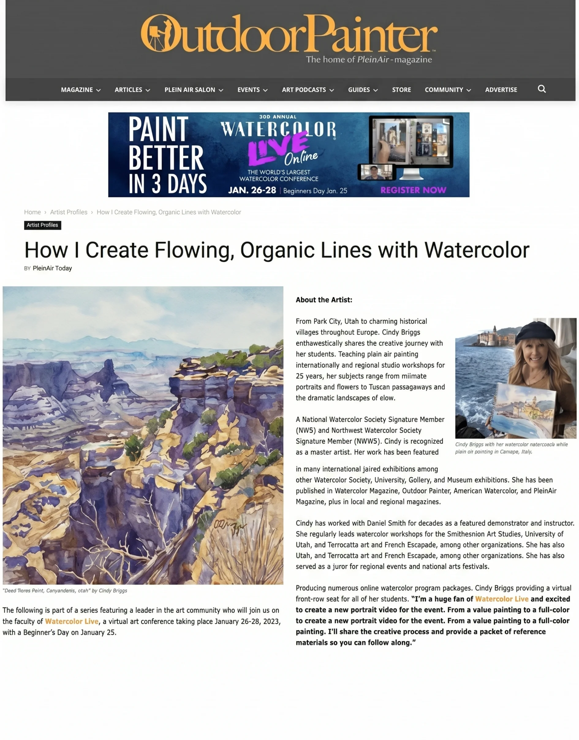 OutdoorPainter article about Cindy Briggs creating flowing organic watercolor lines