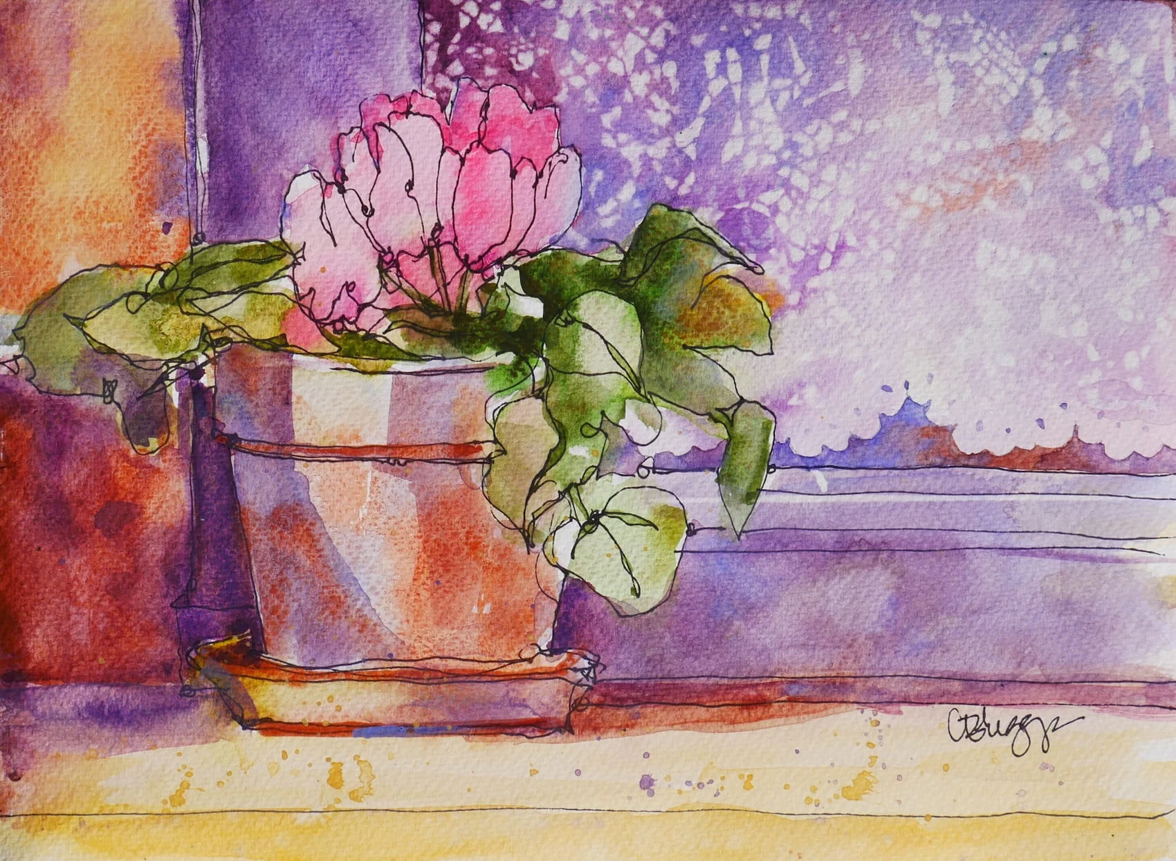 Provence Pot in a Window Watercolor Ink Quick Sketch Journal Page with Stenciling 10 x 14 Quick Sketch Cindy Briggs Art Watercolor Painting