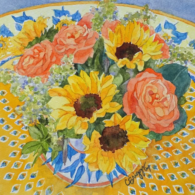 Provence Sunflower Roses Watercolor 8x8 with Mat 550 copy Collections Cindy Briggs Art Watercolor Painting