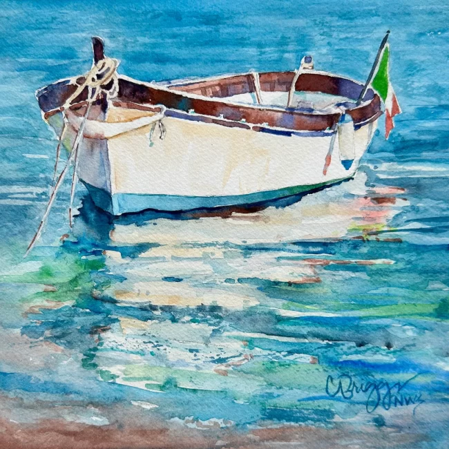 Sicilian Fishing Boat 8 x 8 Watercolor Mat 600 copy Collections Cindy Briggs Art Watercolor Painting