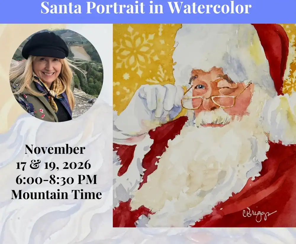 Santa Portrait in Watercolor 01 Online Workshop | Santa Portrait in Watercolor | Hosted by University of Utah | Nov 17 & 19, 2026 Cindy Briggs Art Watercolor Painting