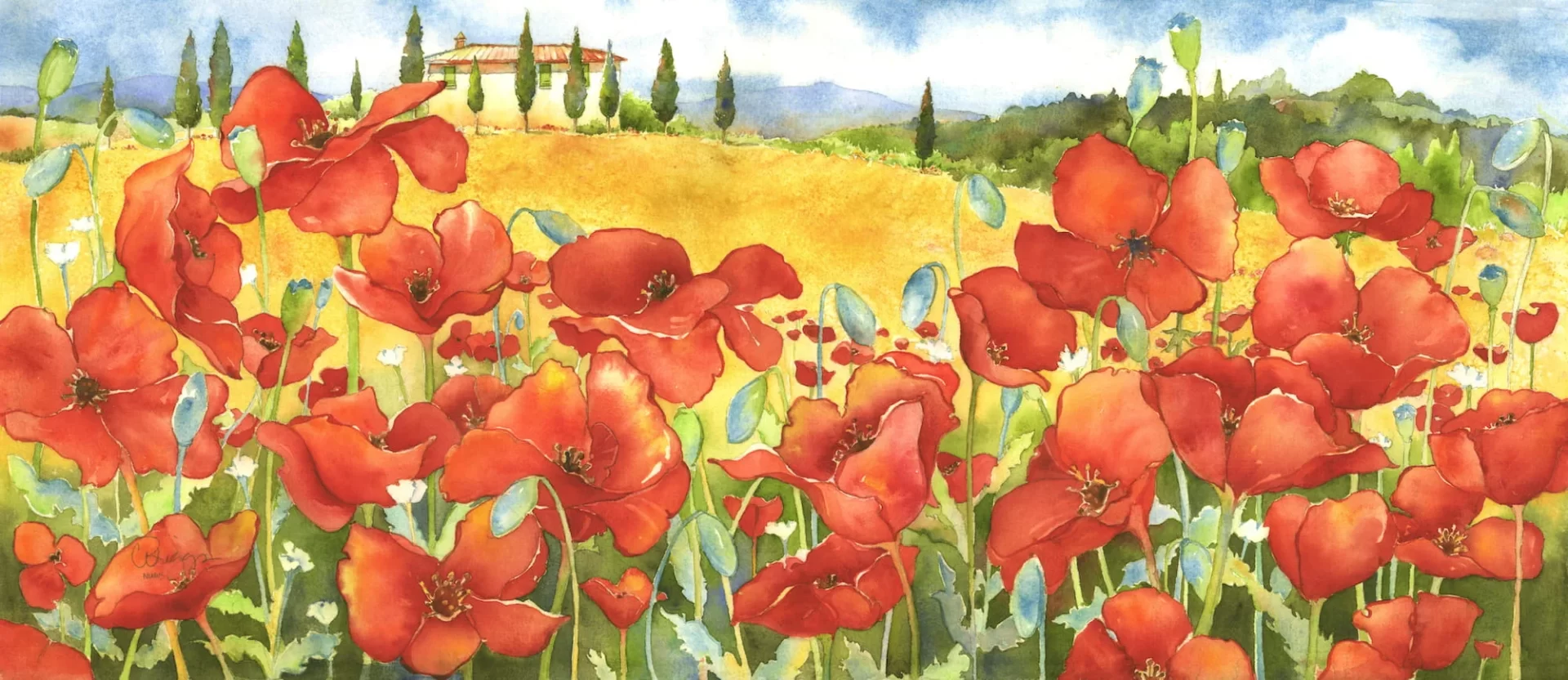 11 CBriggs On the Road to Pienza copy 15 x 30 CBriggs On the Road to Pienza Cindy Briggs Art Watercolor Painting