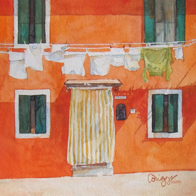 25 Burano Series Orange 8 x 8 Collections Cindy Briggs Art Watercolor Painting