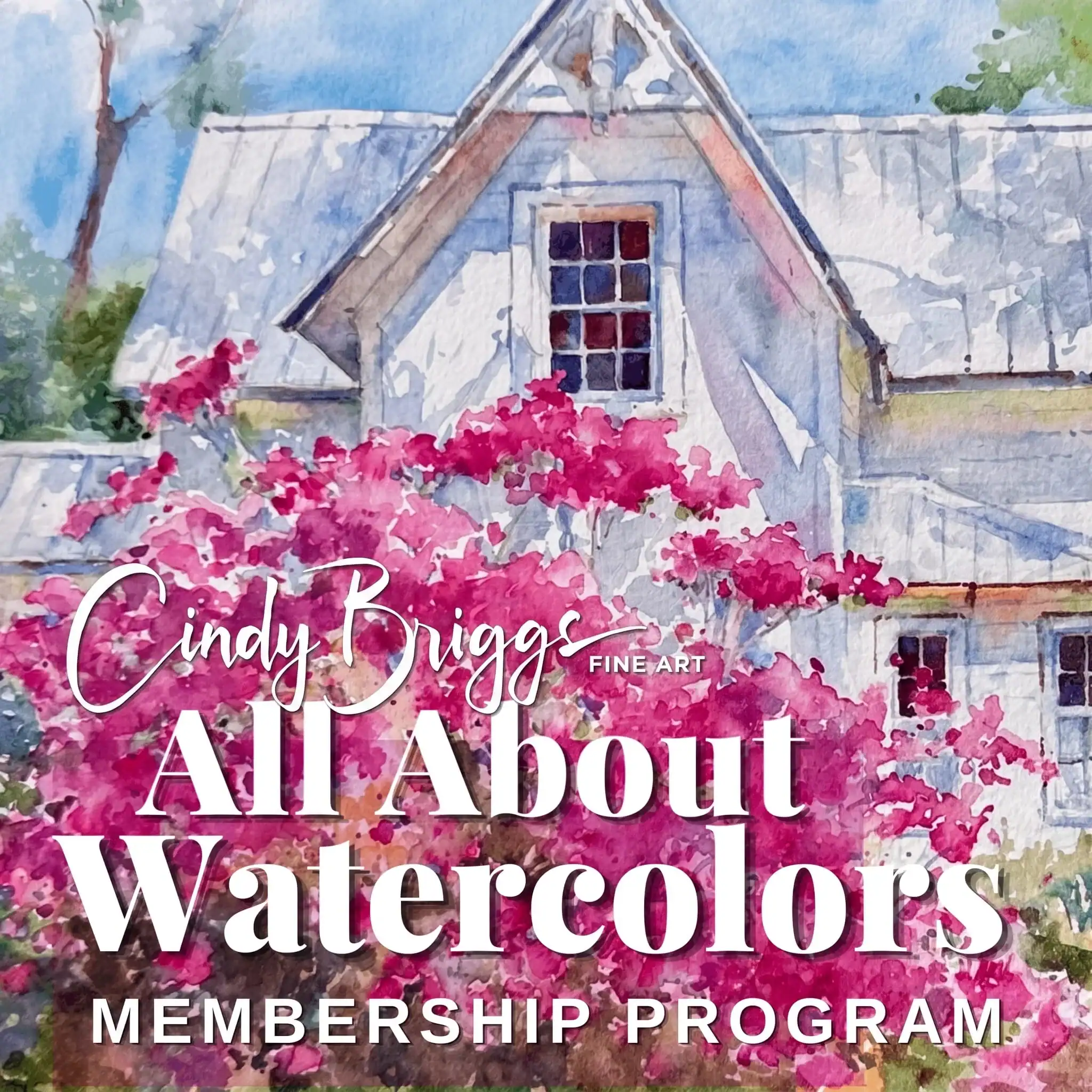 Watercolor painting of a house with pink flowering bushes in front.