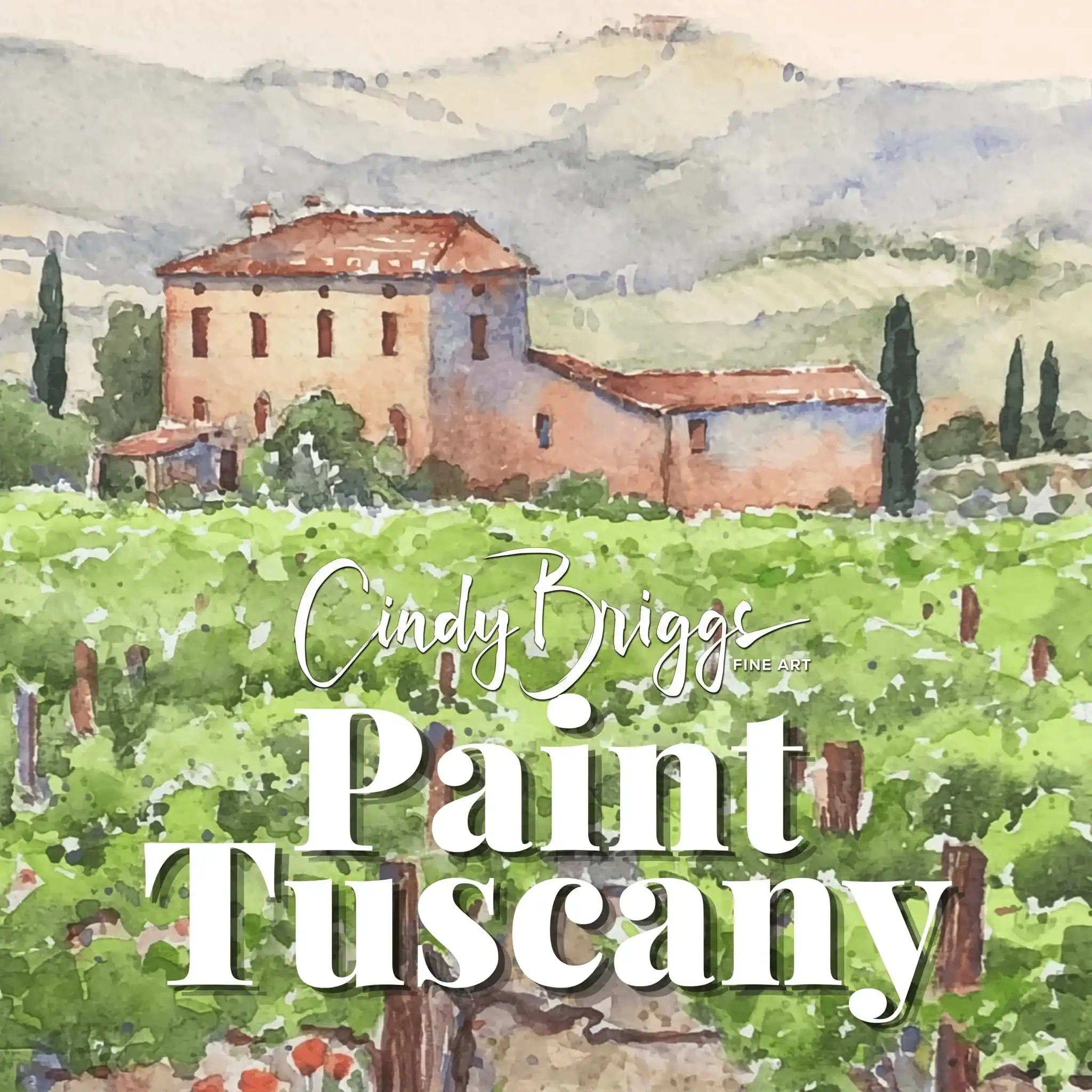 Watercolor of a Tuscan villa with vineyards and rolling hills.