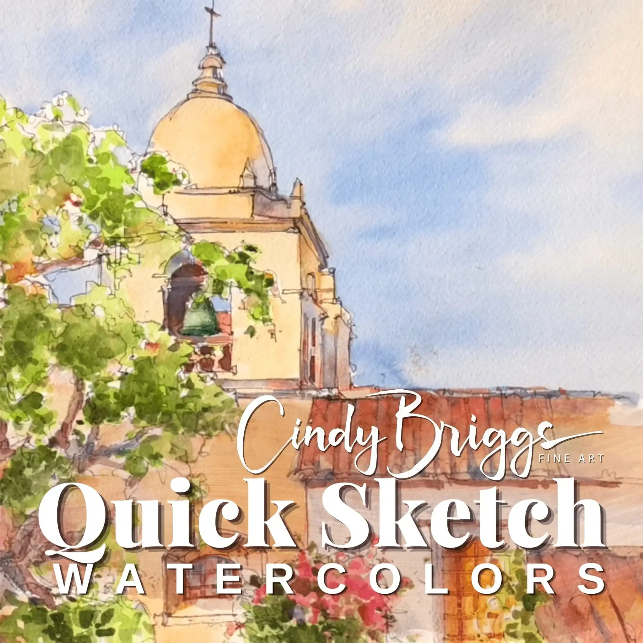 Watercolor sketch of a historic building with a dome and lush greenery.