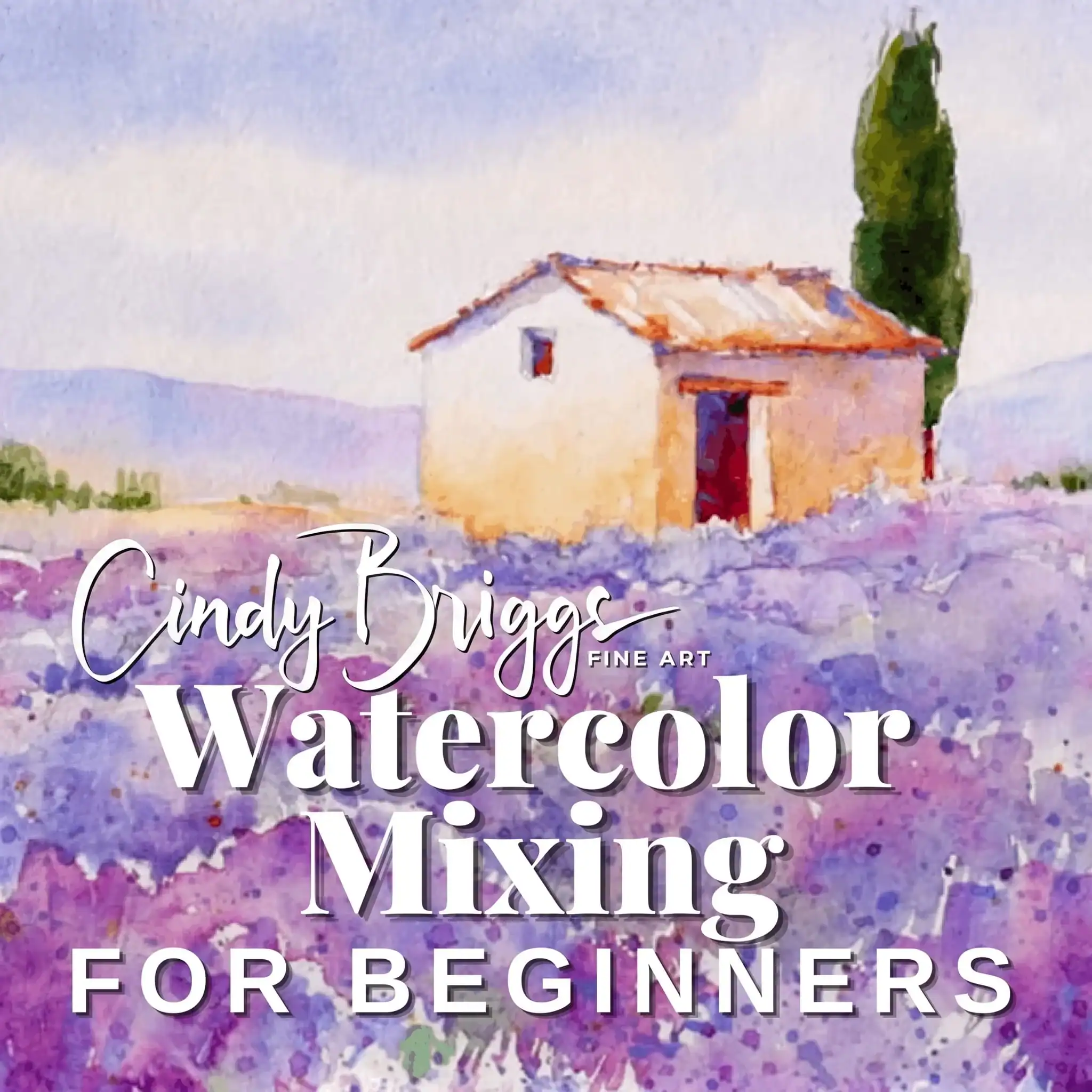 Watercolor painting of a house with lavender fields and a tall cypress tree.
